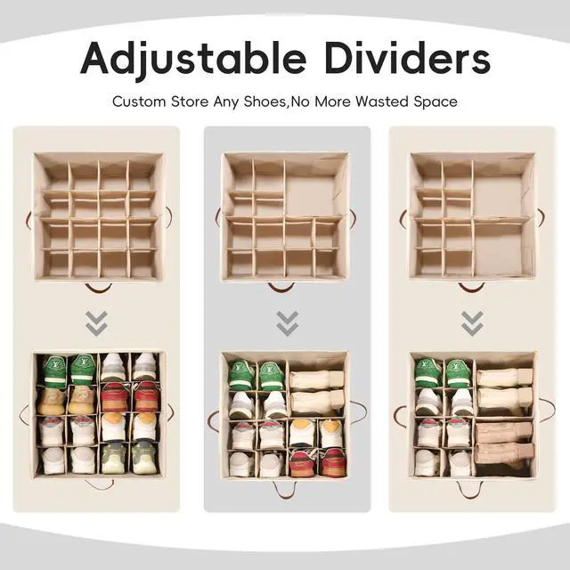 Alt view image 4 of 7 - Shoe Organizer Box 2 Pack, Shoe Storage Organizer with Clear Cover, Adjustable Dividers Fits 16-32 Pairs, Fabric Shoe Organizer for Closet, Beige