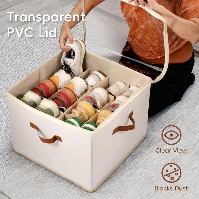 Alt view image 5 of 7 - Shoe Organizer Box 2 Pack, Shoe Storage Organizer with Clear Cover, Adjustable Dividers Fits 16-32 Pairs, Fabric Shoe Organizer for Closet, Beige