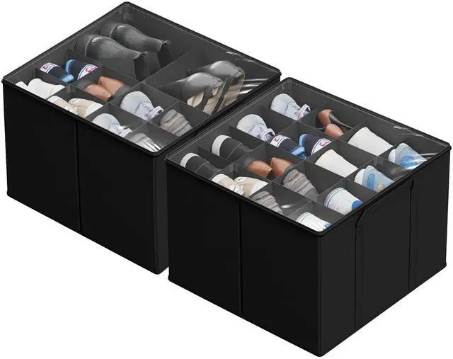 Main image of 2 Pack Shoe Organizer for Closet, Fits up to 32 Pairs, Small Space Shoe Storage Boxes Bins Containers w/Adjustable Dividers and Clear Top, Black
