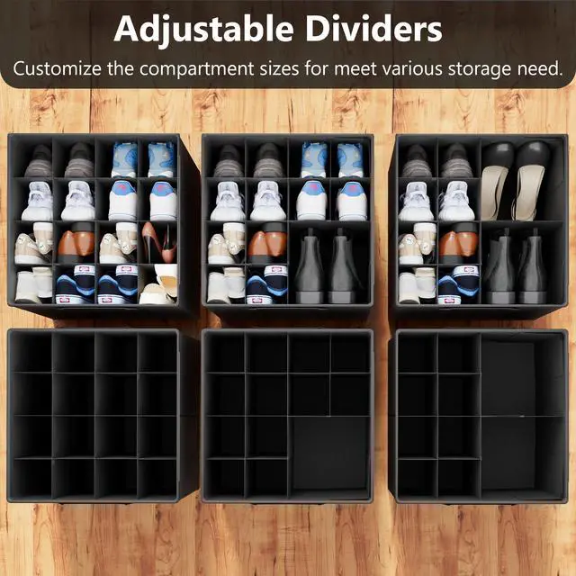 Alt view image 2 of 6 - 2 Pack Shoe Organizer for Closet, Fits up to 32 Pairs, Small Space Shoe Storage Boxes Bins Containers w/Adjustable Dividers and Clear Top, Black