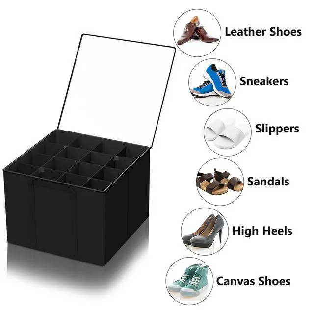 Alt view image 6 of 6 - 2 Pack Shoe Organizer for Closet, Fits up to 32 Pairs, Small Space Shoe Storage Boxes Bins Containers w/Adjustable Dividers and Clear Top, Black