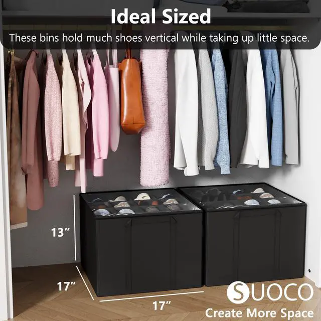 Alt view image 4 of 6 - 2 Pack Shoe Organizer for Closet, Fits up to 32 Pairs, Small Space Shoe Storage Boxes Bins Containers w/Adjustable Dividers and Clear Top, Black