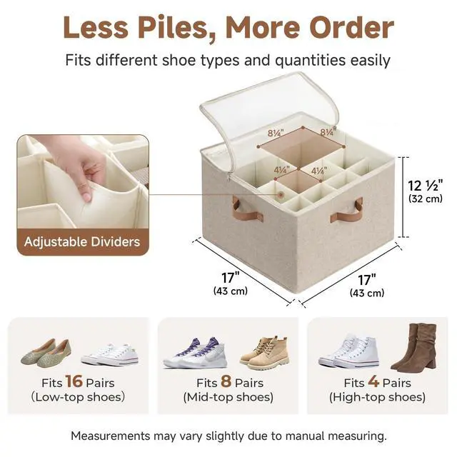 Alt view image 3 of 7 - Shoe Organizer for Closet, Shoe Cubby Storage Containers with Adjustable Dividers and Clear Cover, Foldable Shoe Storage Box for Sandals, Sneakers, Fits up to 16 Pairs, Taupe