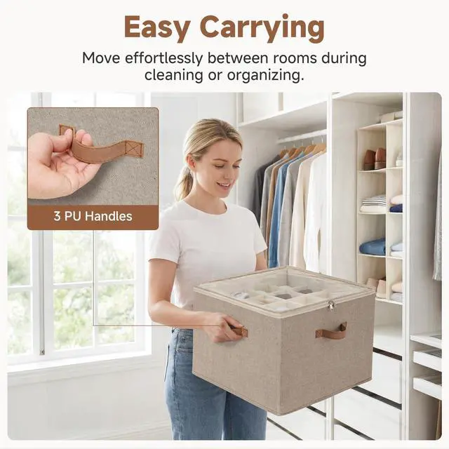 Alt view image 4 of 7 - Shoe Organizer for Closet, Shoe Cubby Storage Containers with Adjustable Dividers and Clear Cover, Foldable Shoe Storage Box for Sandals, Sneakers, Fits up to 16 Pairs, Taupe
