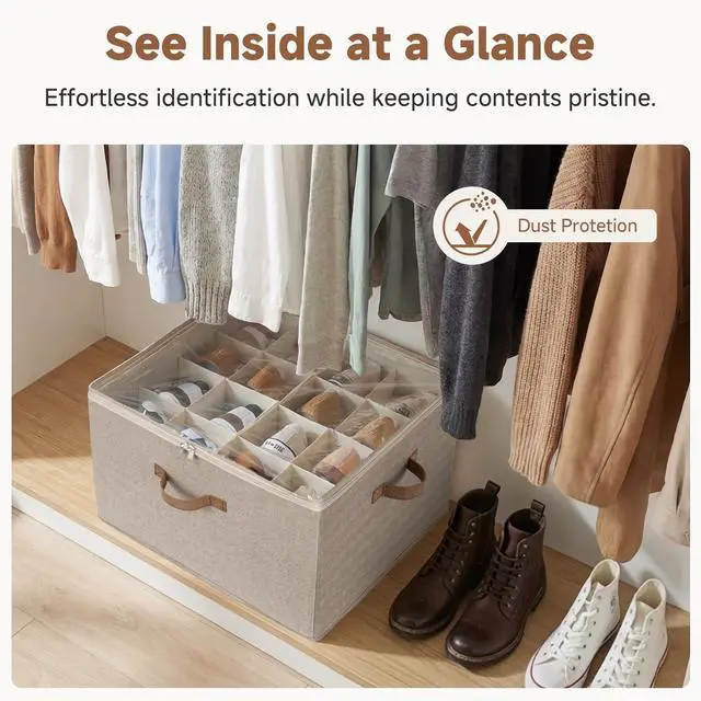 Alt view image 5 of 7 - Shoe Organizer for Closet, Shoe Cubby Storage Containers with Adjustable Dividers and Clear Cover, Foldable Shoe Storage Box for Sandals, Sneakers, Fits up to 16 Pairs, Taupe