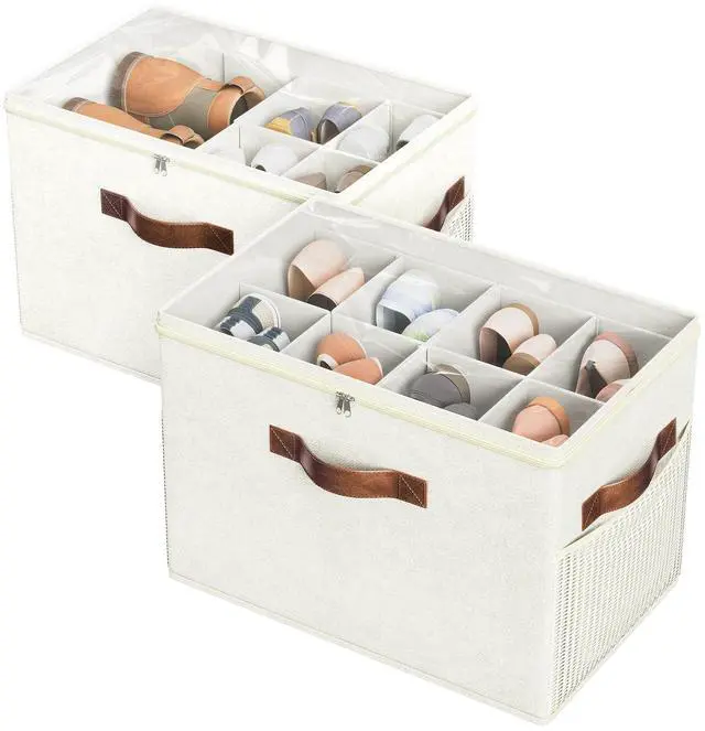 Main image of 2 Pack Shoe Organizer for Closet, Clear Foldable Shoe Storage Containers Adjustable Dividers Fits 16 Pairs,Shoe Storage Bins Baskets Boxes with Reinforced Handles Beige
