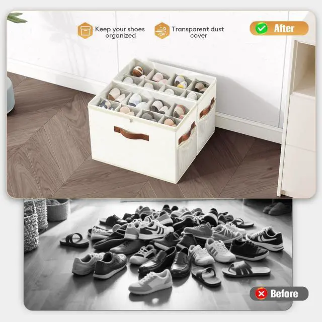 Alt view image 2 of 6 - 2 Pack Shoe Organizer for Closet, Clear Foldable Shoe Storage Containers Adjustable Dividers Fits 16 Pairs,Shoe Storage Bins Baskets Boxes with Reinforced Handles Beige