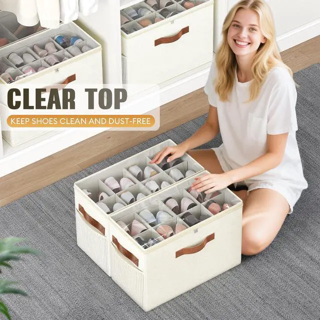 Alt view image 4 of 6 - 2 Pack Shoe Organizer for Closet, Clear Foldable Shoe Storage Containers Adjustable Dividers Fits 16 Pairs,Shoe Storage Bins Baskets Boxes with Reinforced Handles Beige