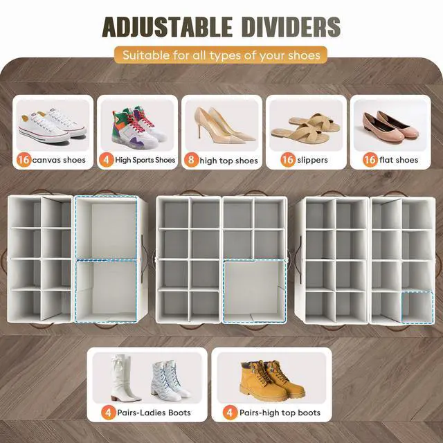 Alt view image 3 of 6 - 2 Pack Shoe Organizer for Closet, Clear Foldable Shoe Storage Containers Adjustable Dividers Fits 16 Pairs,Shoe Storage Bins Baskets Boxes with Reinforced Handles Beige