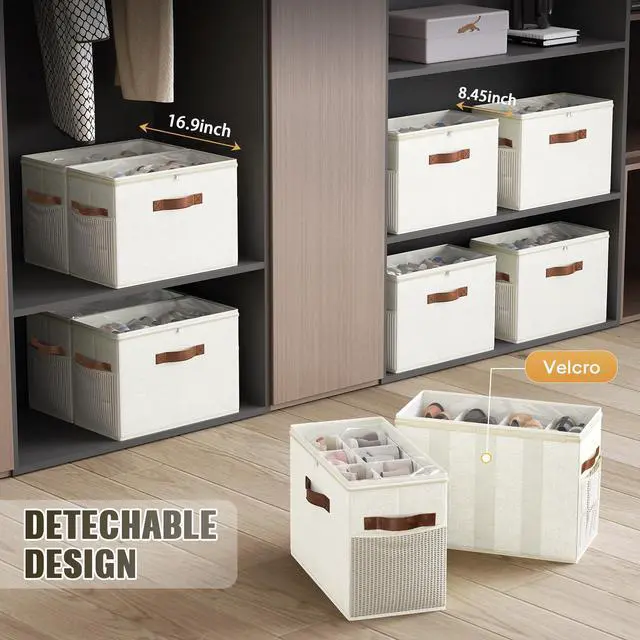 Alt view image 5 of 6 - 2 Pack Shoe Organizer for Closet, Clear Foldable Shoe Storage Containers Adjustable Dividers Fits 16 Pairs,Shoe Storage Bins Baskets Boxes with Reinforced Handles Beige