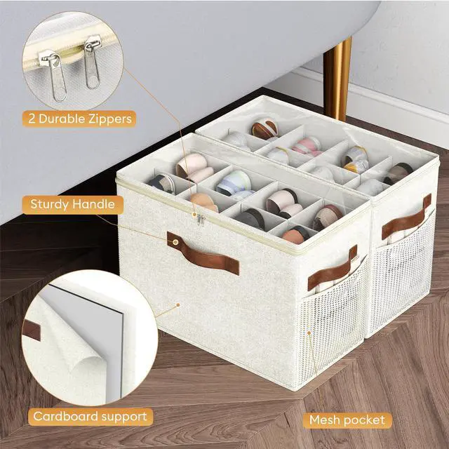 Alt view image 6 of 6 - 2 Pack Shoe Organizer for Closet, Clear Foldable Shoe Storage Containers Adjustable Dividers Fits 16 Pairs,Shoe Storage Bins Baskets Boxes with Reinforced Handles Beige