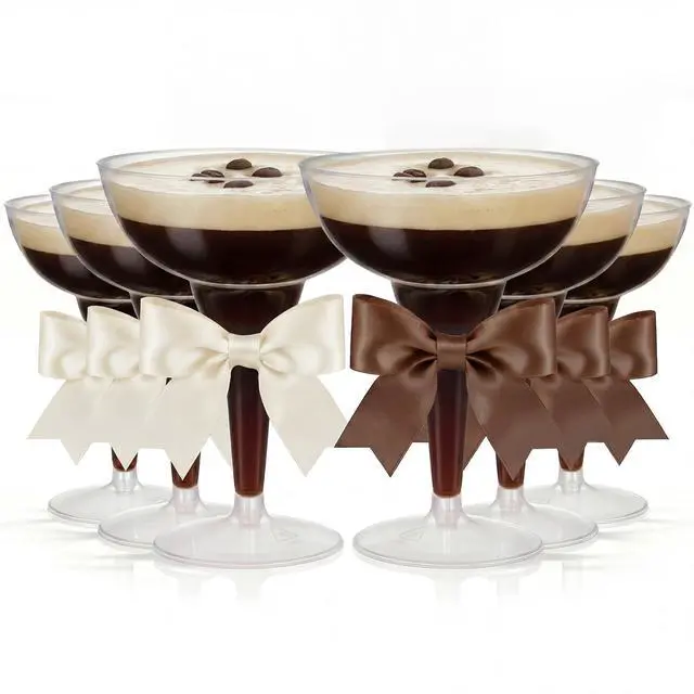 Main image of 24 Sets 12oz Espresso Cups with White & Brown Bows, Clear Plastic Champagne Coupe Glasses Margarita Cocktail Cups for Party Supplies
