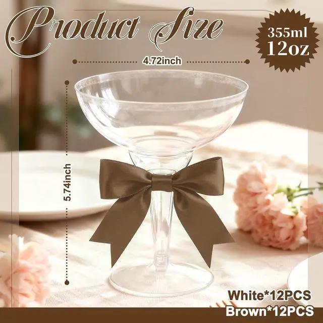 Alt view image 2 of 6 - 24 Sets 12oz Espresso Cups with White & Brown Bows, Clear Plastic Champagne Coupe Glasses Margarita Cocktail Cups for Party Supplies