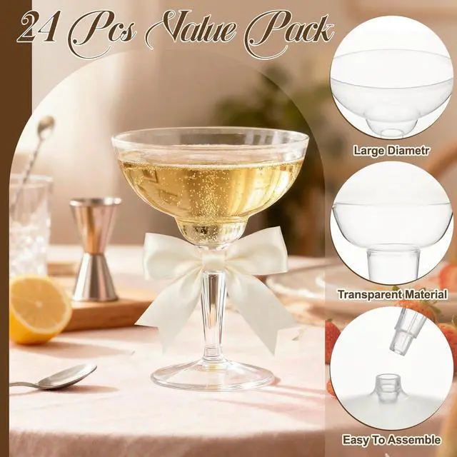 Alt view image 3 of 6 - 24 Sets 12oz Espresso Cups with White & Brown Bows, Clear Plastic Champagne Coupe Glasses Margarita Cocktail Cups for Party Supplies