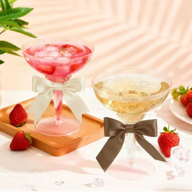 Alt view image 6 of 6 - 24 Sets 12oz Espresso Cups with White & Brown Bows, Clear Plastic Champagne Coupe Glasses Margarita Cocktail Cups for Party Supplies