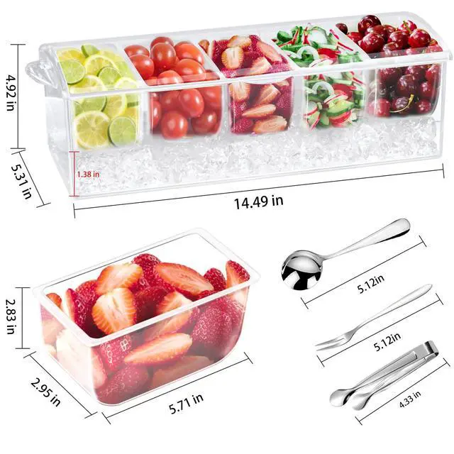 Alt view image 4 of 6 - Condiment Tray with Stainless Steel 5 Spoons, 5 Forks and 1 Clip, Chilled Condiment Server, Condiment Server, Bar Garnish Holder on Ice, Bar Accessories Fruit and Salad with Removable Trays and Lid