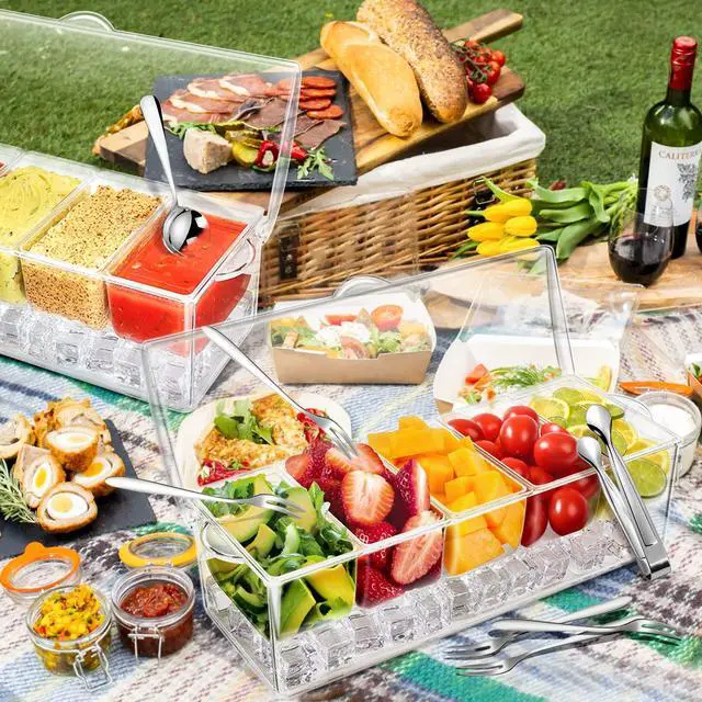 Alt view image 3 of 6 - Condiment Tray with Stainless Steel 5 Spoons, 5 Forks and 1 Clip, Chilled Condiment Server, Condiment Server, Bar Garnish Holder on Ice, Bar Accessories Fruit and Salad with Removable Trays and Lid