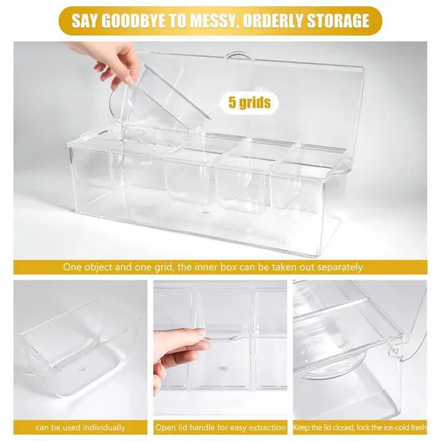 Alt view image 6 of 6 - Condiment Tray with Stainless Steel 5 Spoons, 5 Forks and 1 Clip, Chilled Condiment Server, Condiment Server, Bar Garnish Holder on Ice, Bar Accessories Fruit and Salad with Removable Trays and Lid