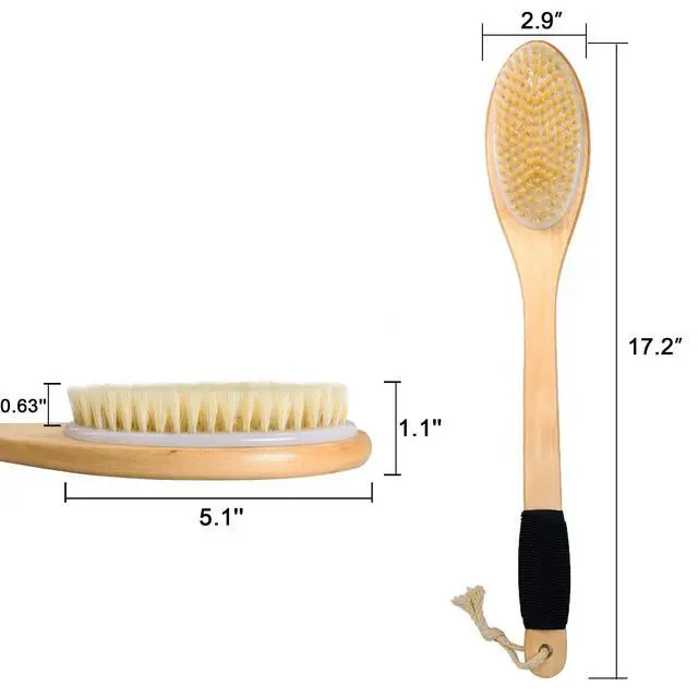 Alt view image 6 of 7 - Bath Brush Wooden Curved Long Handle Antiskid Shower Brush for Exfoliating, Natural Bristle Scrubber for Back Use Wet or Dry