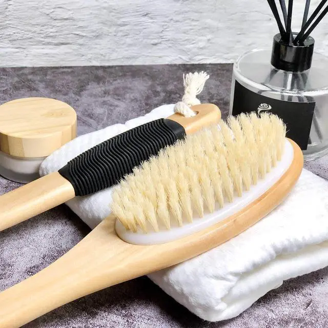 Alt view image 7 of 7 - Bath Brush Wooden Curved Long Handle Antiskid Shower Brush for Exfoliating, Natural Bristle Scrubber for Back Use Wet or Dry