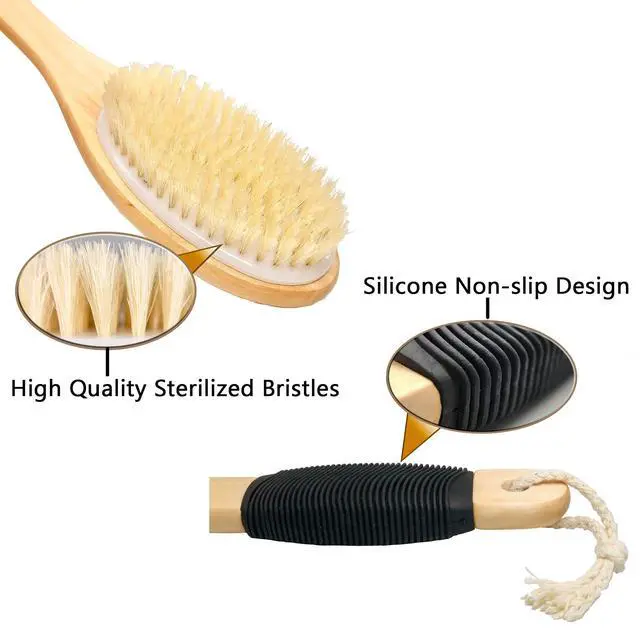 Alt view image 3 of 7 - Bath Brush Wooden Curved Long Handle Antiskid Shower Brush for Exfoliating, Natural Bristle Scrubber for Back Use Wet or Dry