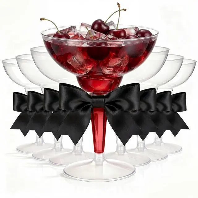 Main image of 24 Sets 12oz Martini Glasses with Black Color Bows, Clear Plastic Champagne Coupe Glasses Margarita Cocktail Cups for Wedding, Black Bachelorette Party Supplies