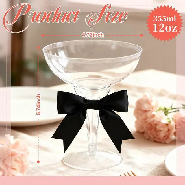 Alt view image 2 of 6 - 24 Sets 12oz Martini Glasses with Black Color Bows, Clear Plastic Champagne Coupe Glasses Margarita Cocktail Cups for Wedding, Black Bachelorette Party Supplies