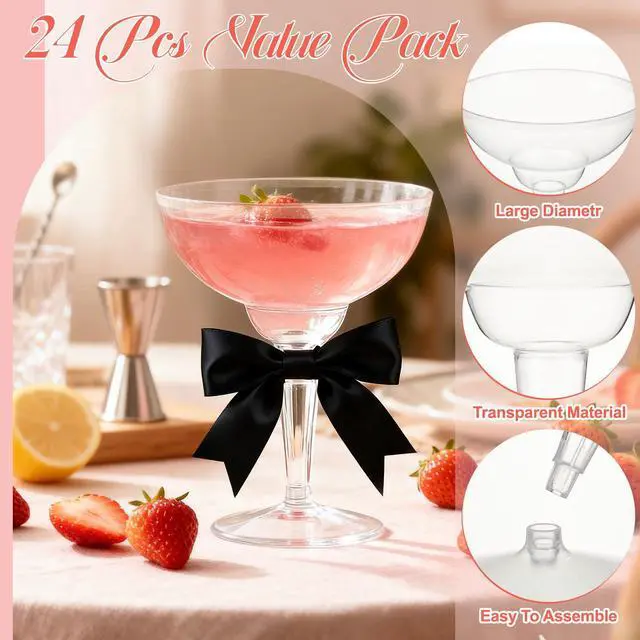Alt view image 3 of 6 - 24 Sets 12oz Martini Glasses with Black Color Bows, Clear Plastic Champagne Coupe Glasses Margarita Cocktail Cups for Wedding, Black Bachelorette Party Supplies