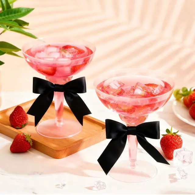 Alt view image 6 of 6 - 24 Sets 12oz Martini Glasses with Black Color Bows, Clear Plastic Champagne Coupe Glasses Margarita Cocktail Cups for Wedding, Black Bachelorette Party Supplies