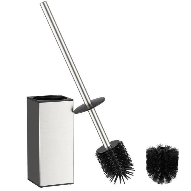 Main image of Toilet Brush and Holder Set, SUS304 Stainless Steel Square Base, Extended Long Handle, Drip-Proof & Space Saving, 2 Replaceable Brush Heads, Plastic & Silicone Dual Brush Head, Brushed Nickel