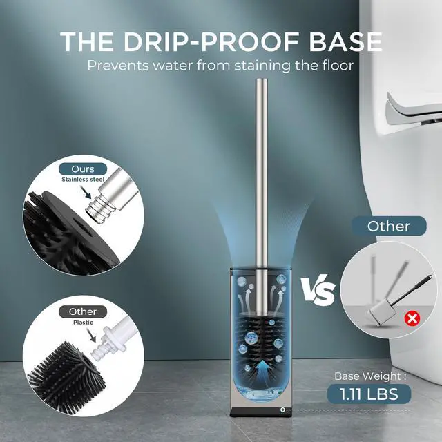 Alt view image 3 of 7 - Toilet Brush and Holder Set, SUS304 Stainless Steel Square Base, Extended Long Handle, Drip-Proof & Space Saving, 2 Replaceable Brush Heads, Plastic & Silicone Dual Brush Head, Brushed Nickel