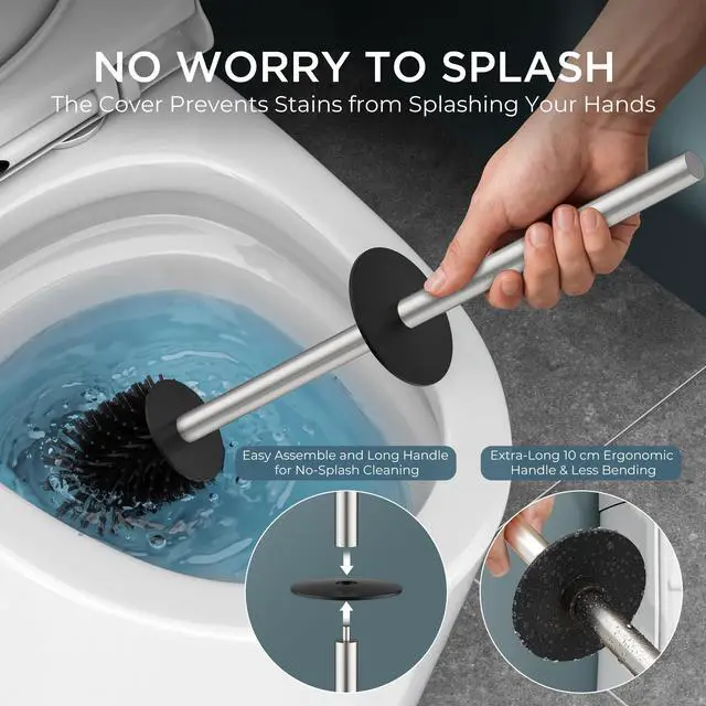 Alt view image 2 of 7 - Toilet Brush and Holder Set, SUS304 Stainless Steel Square Base, Extended Long Handle, Drip-Proof & Space Saving, 2 Replaceable Brush Heads, Plastic & Silicone Dual Brush Head, Brushed Nickel