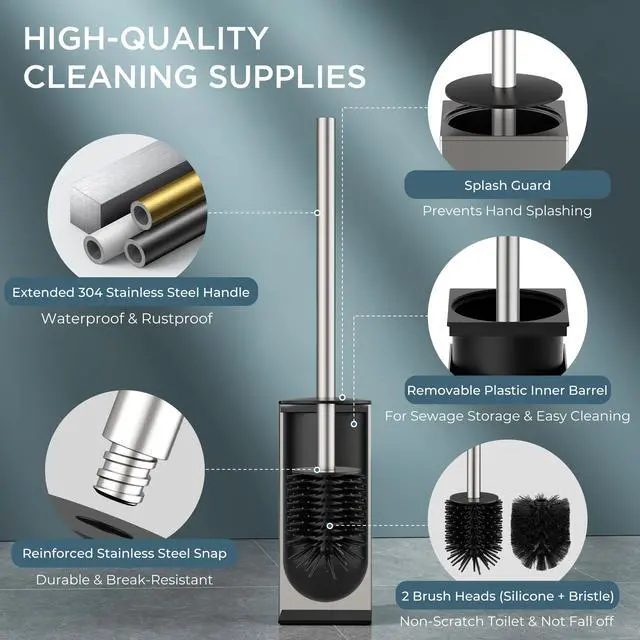 Alt view image 4 of 7 - Toilet Brush and Holder Set, SUS304 Stainless Steel Square Base, Extended Long Handle, Drip-Proof & Space Saving, 2 Replaceable Brush Heads, Plastic & Silicone Dual Brush Head, Brushed Nickel