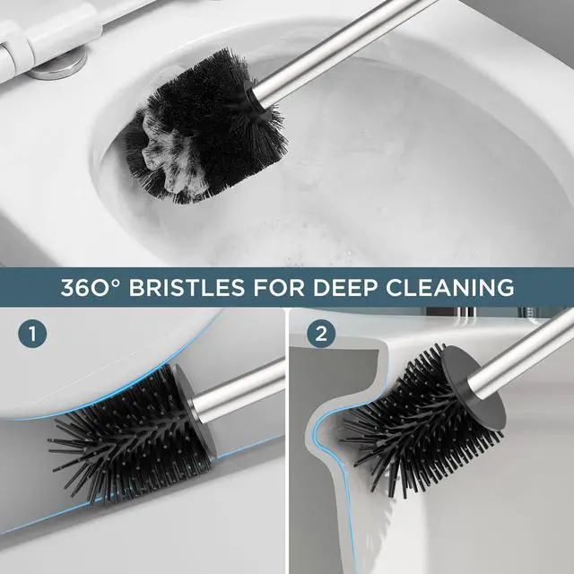 Alt view image 5 of 7 - Toilet Brush and Holder Set, SUS304 Stainless Steel Square Base, Extended Long Handle, Drip-Proof & Space Saving, 2 Replaceable Brush Heads, Plastic & Silicone Dual Brush Head, Brushed Nickel