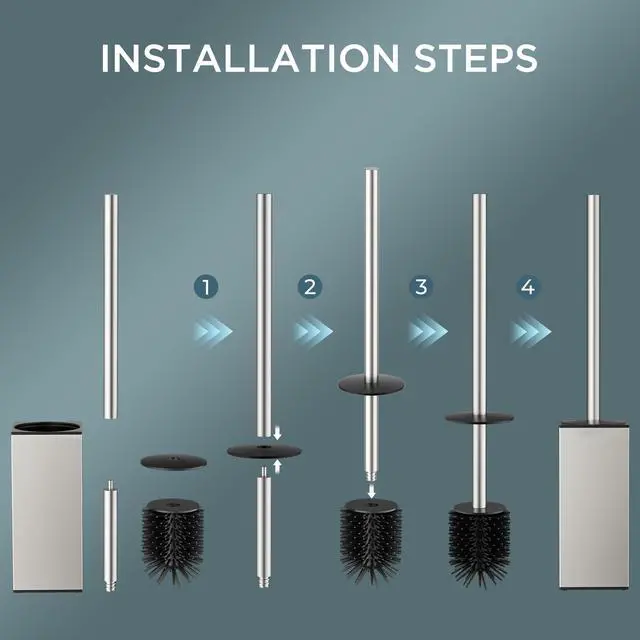 Alt view image 6 of 7 - Toilet Brush and Holder Set, SUS304 Stainless Steel Square Base, Extended Long Handle, Drip-Proof & Space Saving, 2 Replaceable Brush Heads, Plastic & Silicone Dual Brush Head, Brushed Nickel