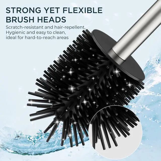 Alt view image 7 of 7 - Toilet Brush and Holder Set, SUS304 Stainless Steel Square Base, Extended Long Handle, Drip-Proof & Space Saving, 2 Replaceable Brush Heads, Plastic & Silicone Dual Brush Head, Brushed Nickel
