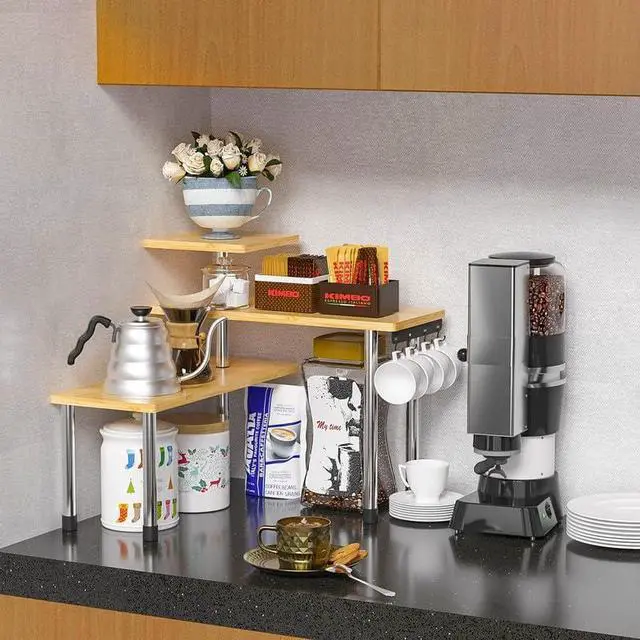 Alt view image 2 of 7 - Kitchen Countertop Organizer Spice Rack for Salt, Bathroom Counter Organizer Over Sink for Makeup, Skincare, Adjustable 3-Tier Corner Counter Shelf with 4 Hooks for Coffee Bar Dresser Table