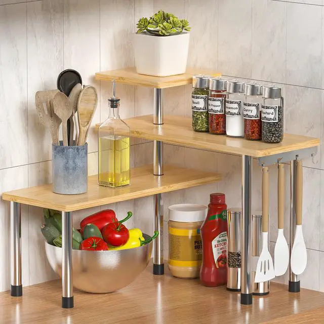 Main image of Kitchen Countertop Organizer Spice Rack for Salt, Bathroom Counter Organizer Over Sink for Makeup, Skincare, Adjustable 3-Tier Corner Counter Shelf with 4 Hooks for Coffee Bar Dresser Table