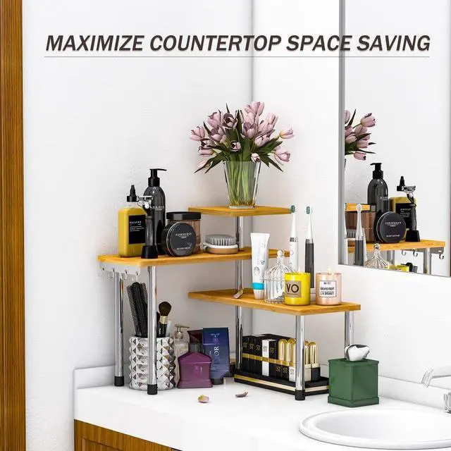 Alt view image 5 of 7 - Kitchen Countertop Organizer Spice Rack for Salt, Bathroom Counter Organizer Over Sink for Makeup, Skincare, Adjustable 3-Tier Corner Counter Shelf with 4 Hooks for Coffee Bar Dresser Table