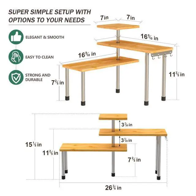 Alt view image 6 of 7 - Kitchen Countertop Organizer Spice Rack for Salt, Bathroom Counter Organizer Over Sink for Makeup, Skincare, Adjustable 3-Tier Corner Counter Shelf with 4 Hooks for Coffee Bar Dresser Table