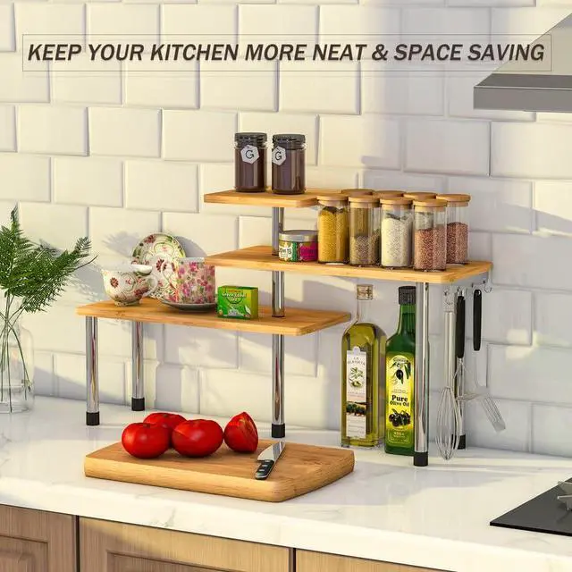 Alt view image 3 of 7 - Kitchen Countertop Organizer Spice Rack for Salt, Bathroom Counter Organizer Over Sink for Makeup, Skincare, Adjustable 3-Tier Corner Counter Shelf with 4 Hooks for Coffee Bar Dresser Table