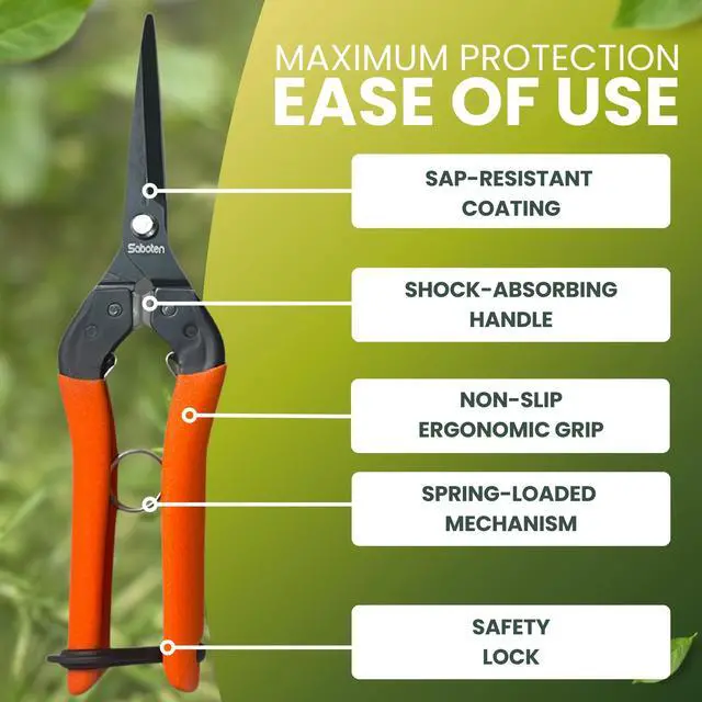 Alt view image 4 of 7 - Professional Japanese Harvesting Shears, Straight Precision Blade, Black Fluorine-Coated Stainless Steel, Spring-Loaded, Shock-Absorbing Grip, Safety Lock, Made in Japan
