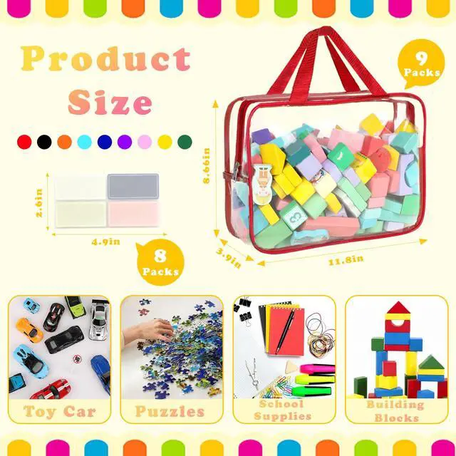 Alt view image 2 of 7 - 9 Packs Toy Storage Bags with Labels, 11.8x8.7x3.9In Large PVC Reusable Clear Board Game Storage with Zipper, Travel Waterproof Organizer Bags for Building Blocks, Puzzle, Books, Stationery