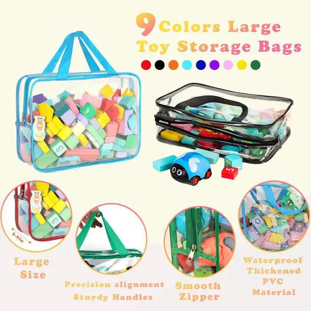 Alt view image 3 of 7 - 9 Packs Toy Storage Bags with Labels, 11.8x8.7x3.9In Large PVC Reusable Clear Board Game Storage with Zipper, Travel Waterproof Organizer Bags for Building Blocks, Puzzle, Books, Stationery