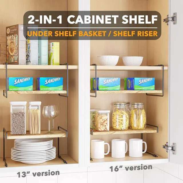 Alt view image 3 of 7 - Cabinet Shelf Organizers 2 Pack, Kitchen Counter Organizer Rack Under Shelves Riser, Pantry Cupboard Storage Organization, Metal and Wood, Black and Natural, 16" Wide