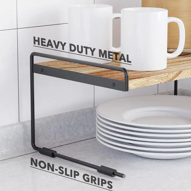 Alt view image 6 of 7 - Cabinet Shelf Organizers 2 Pack, Kitchen Counter Organizer Rack Under Shelves Riser, Pantry Cupboard Storage Organization, Metal and Wood, Black and Natural, 16" Wide