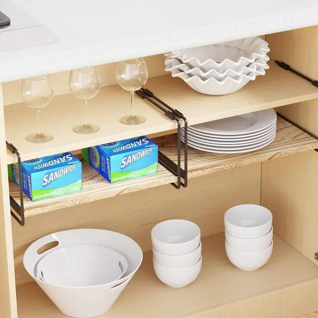 Alt view image 5 of 7 - Cabinet Shelf Organizers 2 Pack, Kitchen Counter Organizer Rack Under Shelves Riser, Pantry Cupboard Storage Organization, Metal and Wood, Black and Natural, 16" Wide