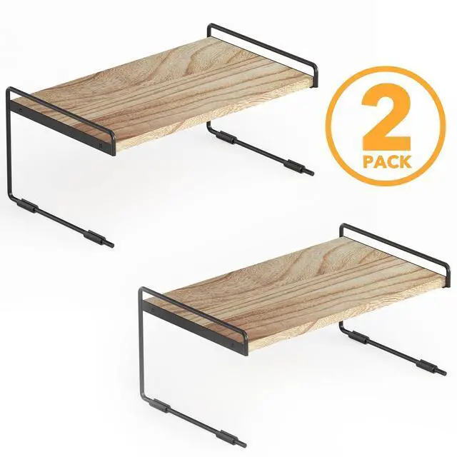 Alt view image 7 of 7 - Cabinet Shelf Organizers 2 Pack, Kitchen Counter Organizer Rack Under Shelves Riser, Pantry Cupboard Storage Organization, Metal and Wood, Black and Natural, 16" Wide