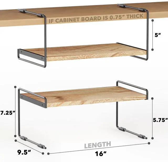 Alt view image 2 of 7 - Cabinet Shelf Organizers 2 Pack, Kitchen Counter Organizer Rack Under Shelves Riser, Pantry Cupboard Storage Organization, Metal and Wood, Black and Natural, 16" Wide