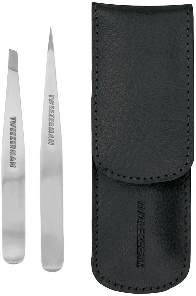 Main image of Petite Tweeze Set with Travel Case - Point and Slant Tweezers, Tweezers for Travel (Black Case)
